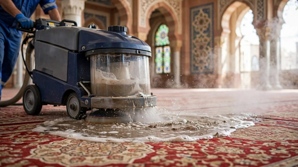 ماكينة تنظيف سجاد المساجد بالبخار تزيل الأوساخ العميقة داخل مسجد بمكة