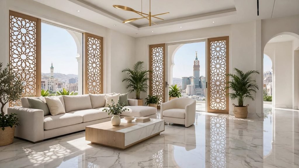 فيلا فاخرة نظيفة ولامعة بعد التنظيف الاحترافي من شركة تنظيف فلل بمكة مع إطلالة برج الساعة