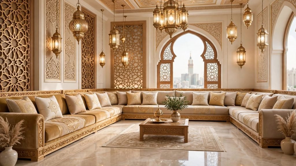 مجلس عربي فاخر نظيف ومرتب بعد التنظيف الاحترافي من شركة تنظيف مجالس بمكة مع إطلالة على برج الساعة