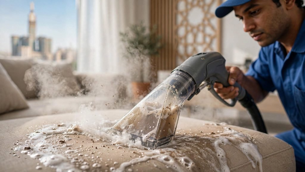 ماكينة تنظيف كنب بالبخار تستخرج الأوساخ العميقة من كنب في منزل بمكة
