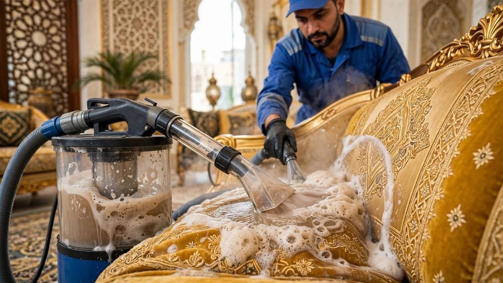 ماكينة تنظيف مجالس بالبخار تستخرج الأوساخ والمياه المتسخة من مجلس ذهبي فاخر بمكة
