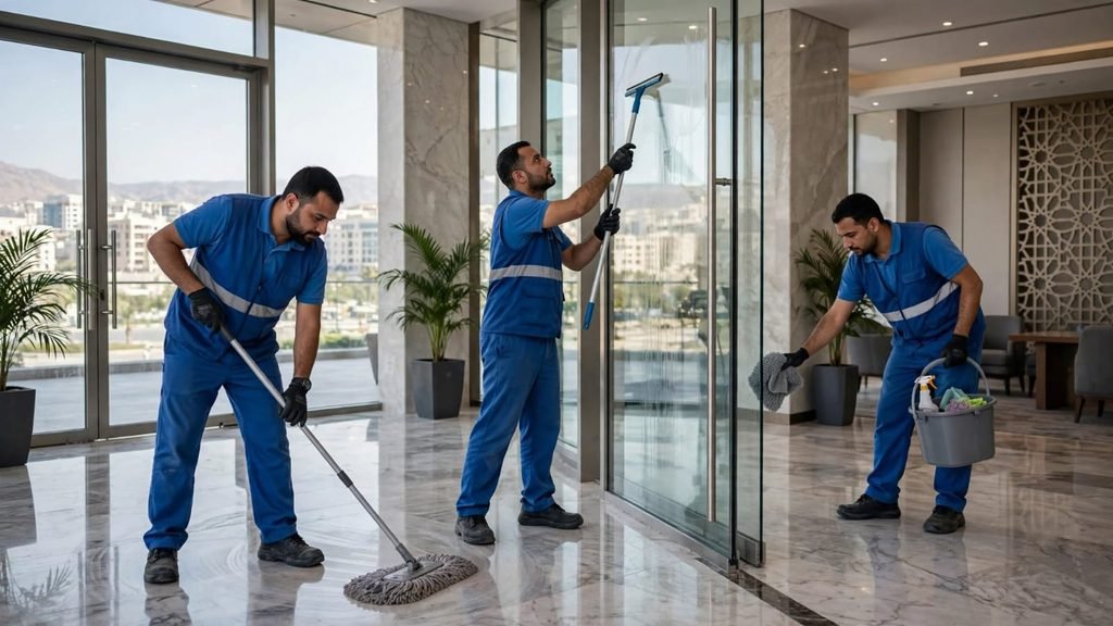 عمال شركة تنظيف عمائر بمكة ينظفون مدخل عمارة زجاج ورخام باحترافية
